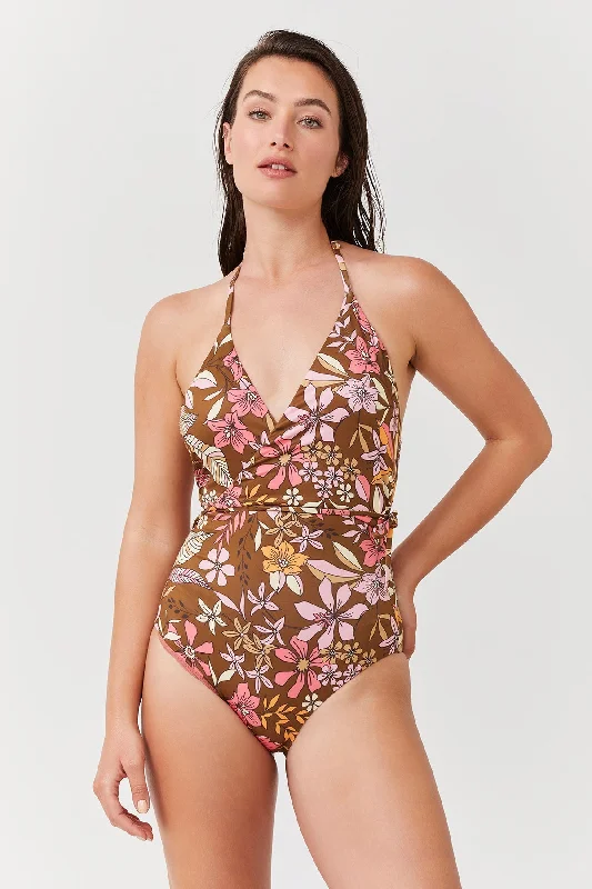 LUMA RESORT FLOWER SURPLICE HALTER ONE PIECE SWIMSUIT