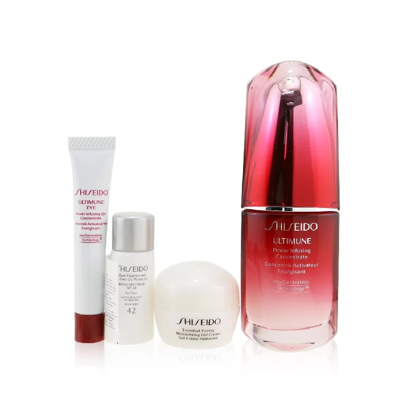 Shiseido Ultimate Hydrating Glow Set: Ultimune Power Infusing Concentrate 30ml + Moisturizing Gel Cream 10ml + Eye Concentrate 5ml + SPF 42 Sunscreen 7ml (Box Slightly Damaged)  4pcs