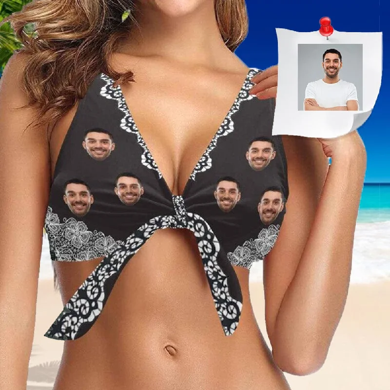 Classic black bikini suit-Bow Bikini Top-Custom Boyfriend Face Black Pattern Swimwear Top Personalized Bow Bikini Top