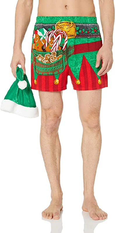 Men's Elf Holiday Boxer Set with Novelty Elf Hat