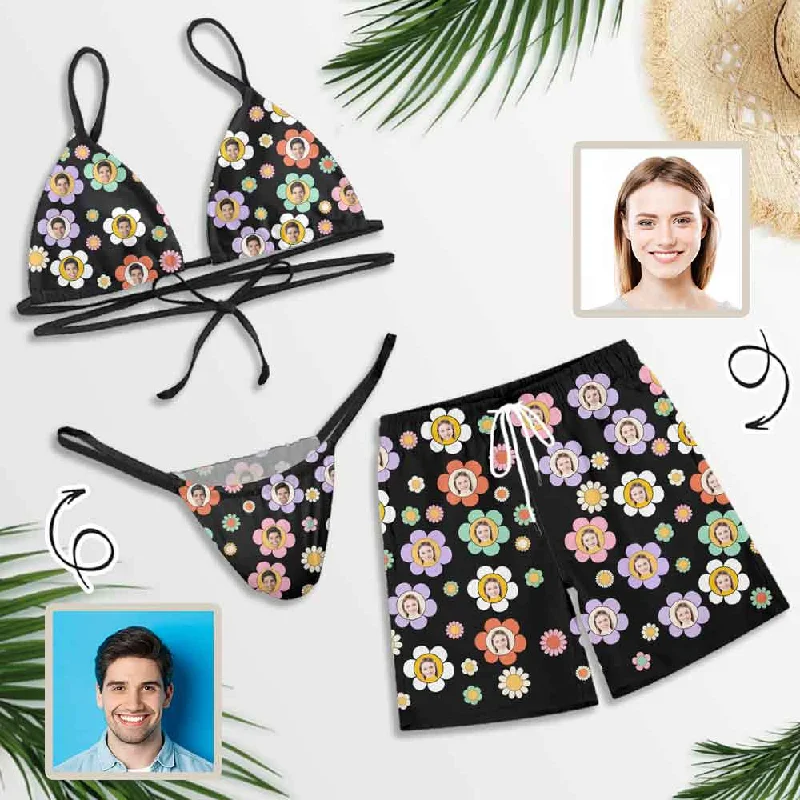 Crisscross back bikini-Couple Matching Colorful Flowers Black Swimwear Custom Face Women's Two-Pieces Triangle Bikini Set & Men's Beach Shorts