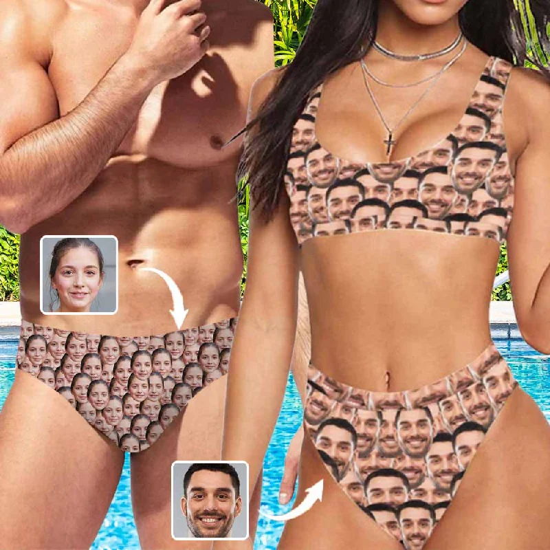 Leopard print bikini set-#Couple Matching Swimwear Custom Face Seamless Bikini Set Triangle Swim Briefs Personalized Swim Shorts Bathingsuit