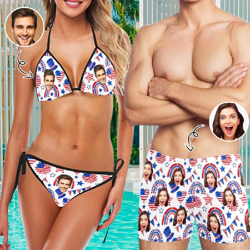 Athletic mesh bikini-#Couple Matching Swimwear Custom Face US Flag Elements String Halter Low Waisted Triangle Two Piece Bikini Set Personalized Men's Stretch Quick Dry Swim Boxer Briefs