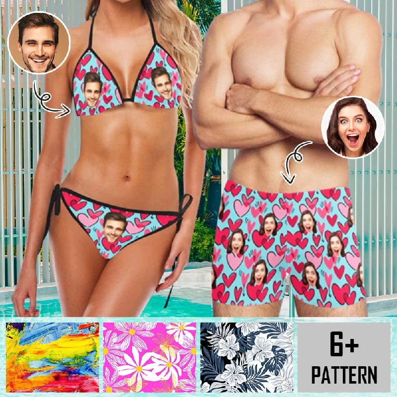 Abstract print bikini set-#Couple Matching Swimwear Custom Face Various Flower Pattern String Halter Low Waisted Triangle Two Piece Bikini Set Personalized Men's Stretch Quick Dry Swim Boxer Briefs