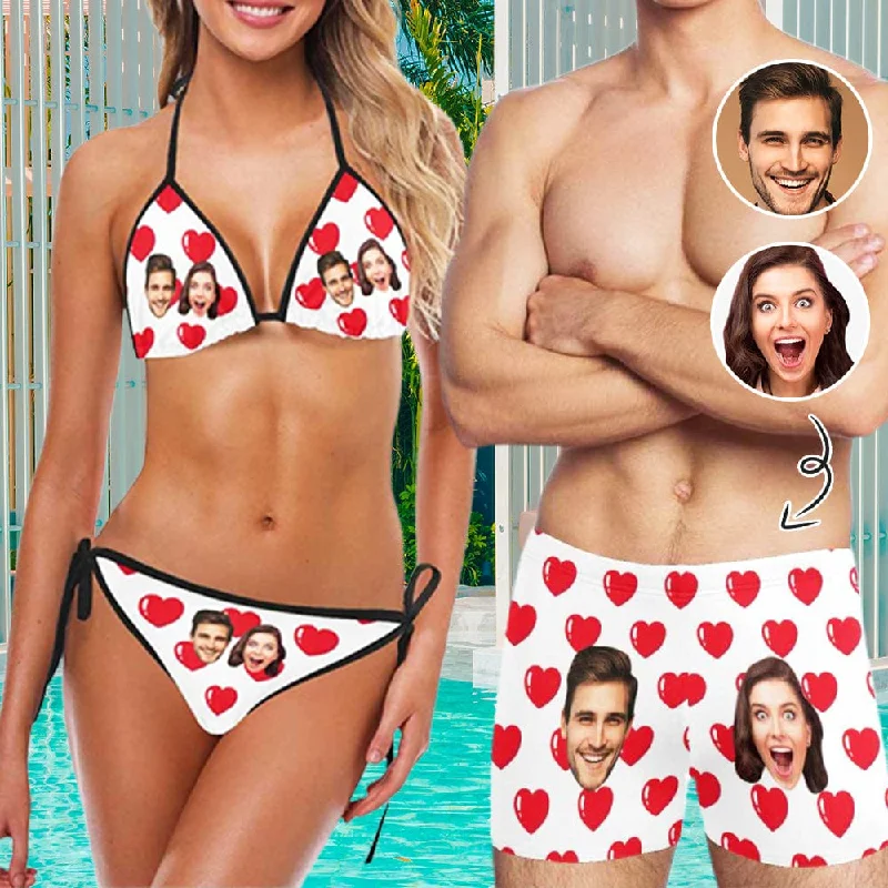 Colorful striped bikini-#Couple Matching Swimwear Custom Faces Red Heart String Halter Low Waisted Triangle Two Piece Bikini Set Personalized Men's Stretch Quick Dry Swim Boxer Briefs