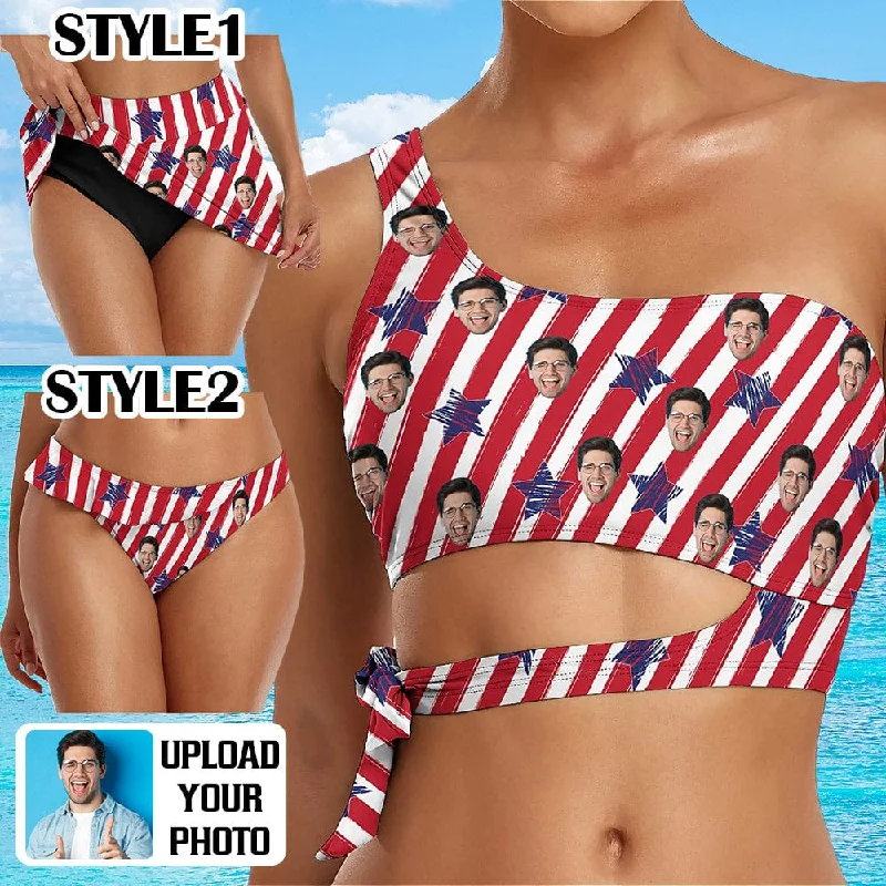 Color-block bikini suit-Custom Face American Flag Bikini Top&Bottom One Shoulder Bikini Top Split Bikini