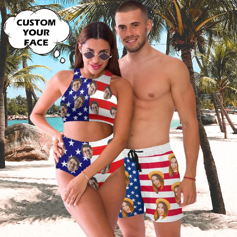 Sporty floral bikini set-Custom Face American Flag Style A Couple Matching Swimsuit Crew Neck High Waisted Bikini & Swim Shorts Personalized Bathing Suits Beach Outfits