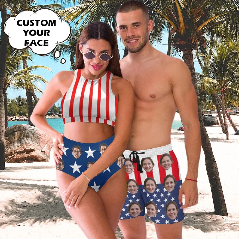 Retro dotted bikini suit-Custom Face American Flag Style Couple Matching Swimsuit High Crew Neck High Waisted Bikini & Swim Shorts Personalized Women's Two Piece Swimsuit Beach Outfits