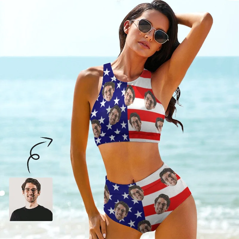 Classic black bikini suit-Custom Face American Flag Style High Crew Neck High Waisted Bikini Personalized Women's Two Piece Swimsuit Beach Outfits