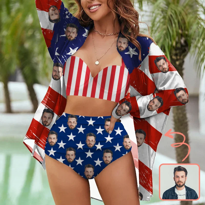 Deep plunge bikini top-Custom Face Bikini Set&Shirt Cover Up Personalized Photo Face Flag Swimsuit Bikini For Women