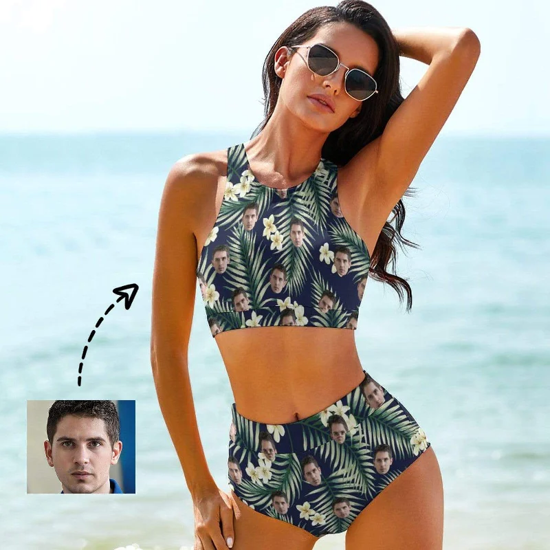 Reversible floral bikini-Custom Face Green Leaves High Crew Neck High Waisted Bikini Personalized Women's Two Piece Swimsuit Beach Outfits