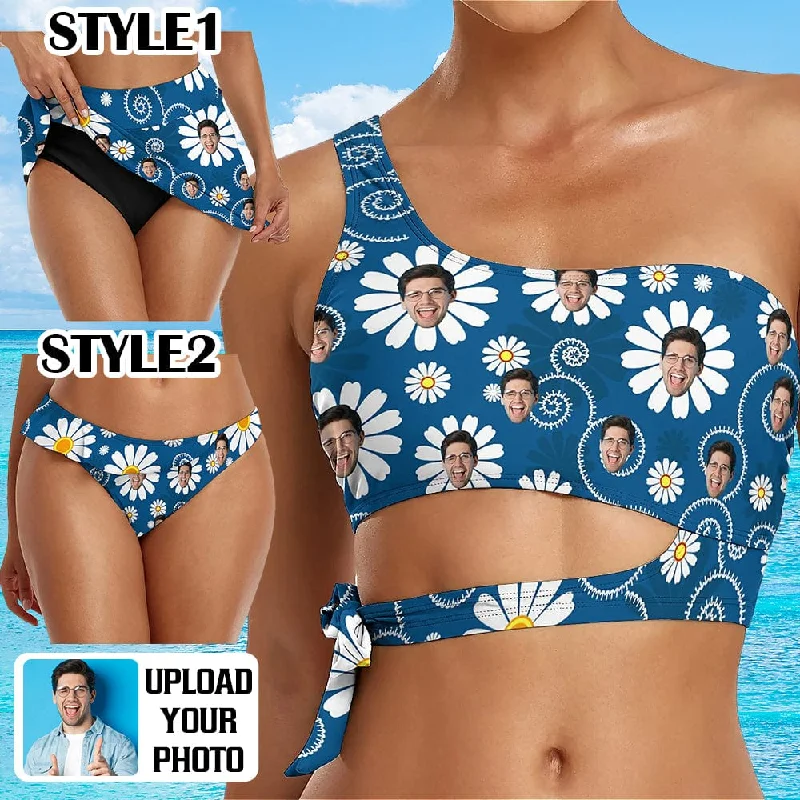 Solid teal bikini top-Custom Face Blue Flowers Bikini Top&Bottom One Shoulder Bikini Top Split Bikini