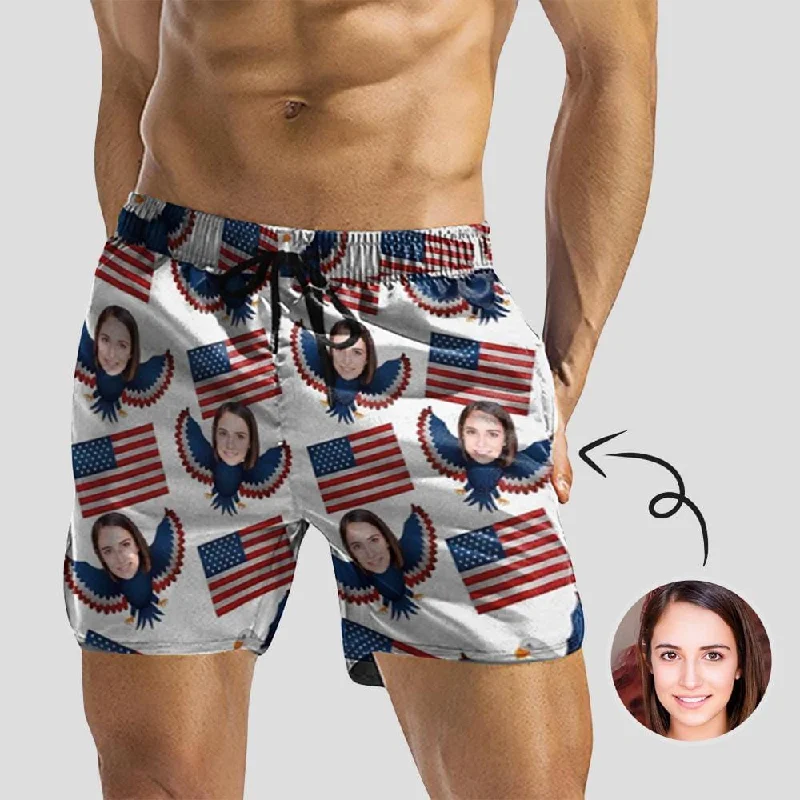 Custom Face Eagle Men's Quick Dry Swim Shorts, Personalized Funny Swim Trunks