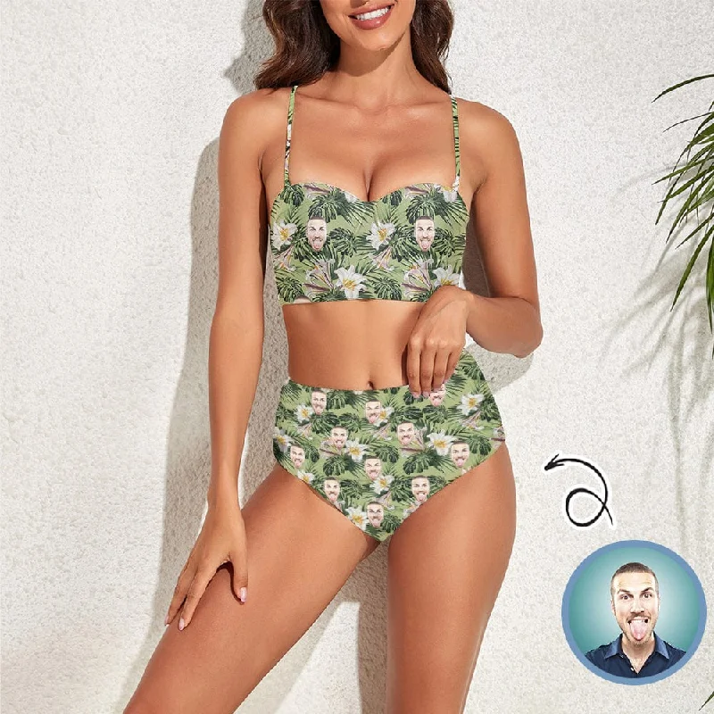 Scoop-neck bikini top-Custom Face Green Leaf And Flowers Two-piece Highe Waist Bikini Swimsuit