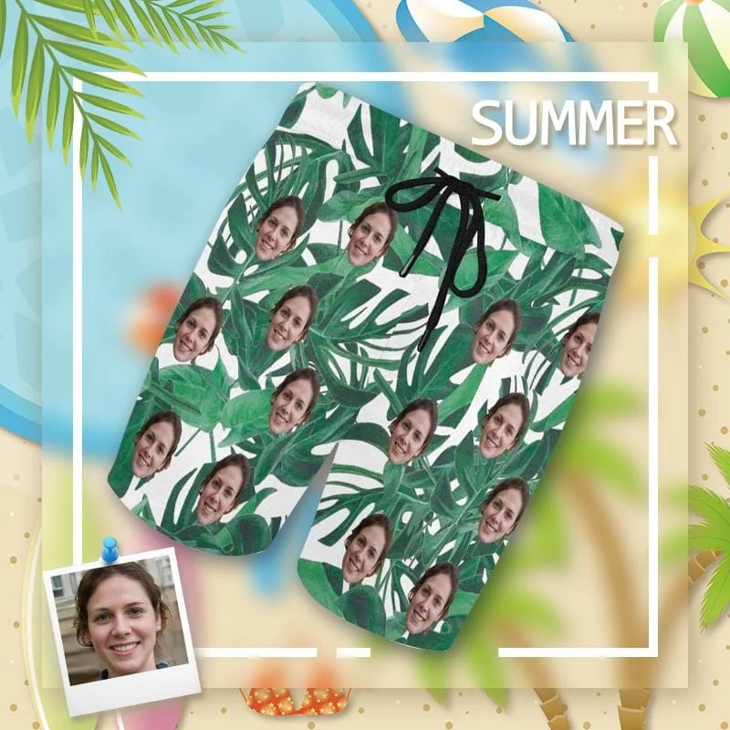 Custom Face Leaves Men's Quick Dry Swim Shorts, Personalized Funny Swim Trunks