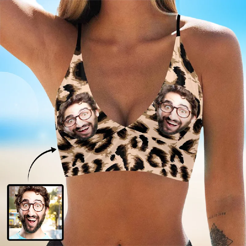 Deep plunge bikini top-Custom Face Leopard Bikini Top Persoanlized Sexy Face Bikini