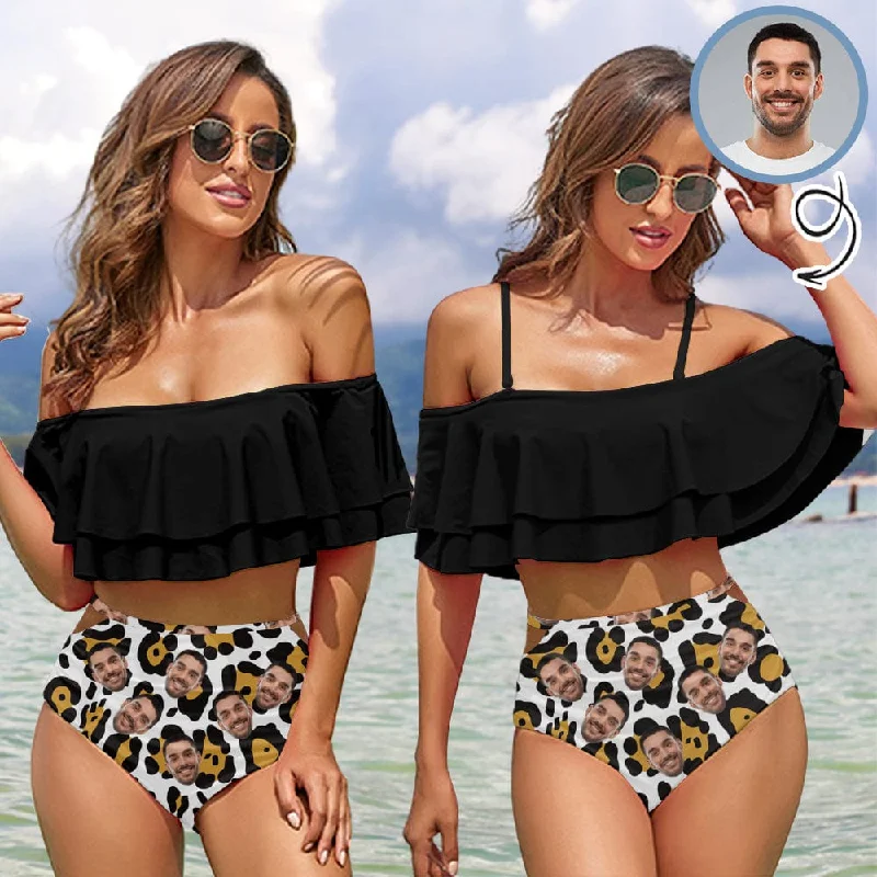 Boho beaded bikini-Custom Face Leopard Print Black Women's Two-Piece Off Shoulder or Sling 2 Ways to Wear Ruffle High Waisted Bikini Set