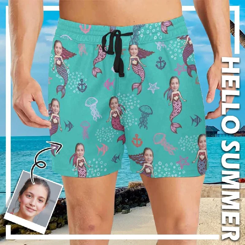 Custom Face Mermaid Men's Quick Dry Swim Shorts, Personalized Funny Swim Trunks