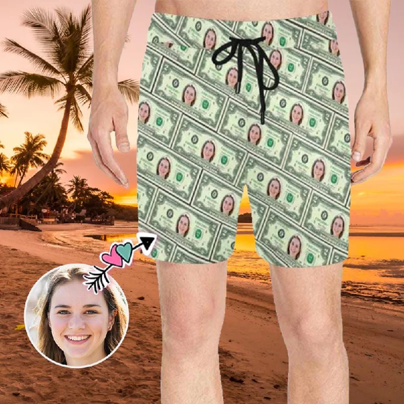 Custom Face Money Men's Quick Dry Swim Shorts, Personalized Funny Swim Trunks