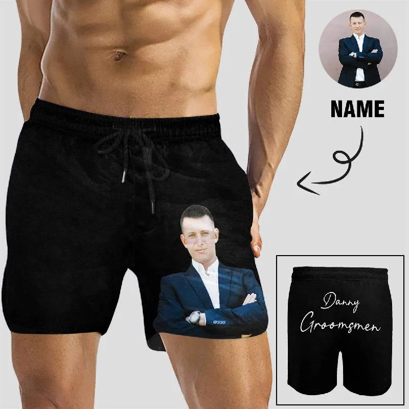 Custom Face&Name Black Background Classic Design Men's Quick Dry Swim Shorts, Personalized Funny Swim Trunks