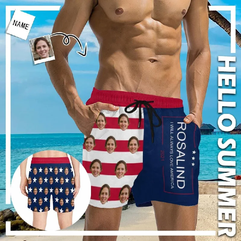 Custom Face&Name I Will Always Love America Men's Quick Dry Swim Shorts, Personalized Funny Swim Trunks