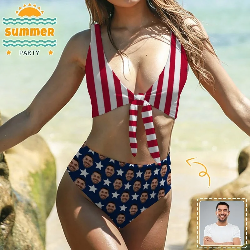 Palm print bikini bottom-#Independence Day#July 4-Custom Face Bikini National Flag Personalized Women's Chest Strap Bikini Swimsuit Celebrate Party