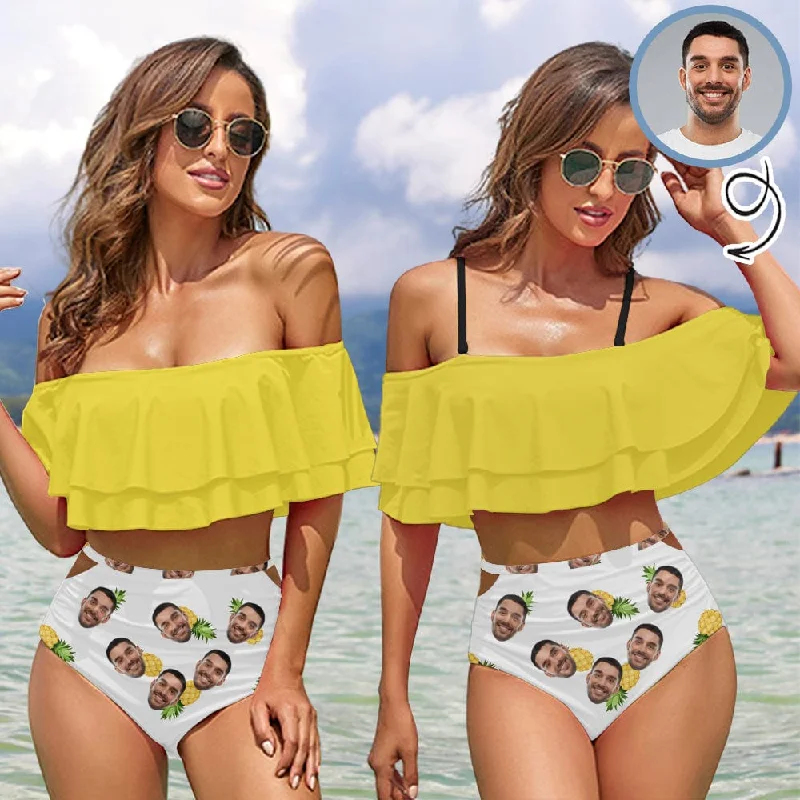 Chevron print bikini set-Custom Face Pineapple Yellow Women's Two-Piece Off Shoulder or Sling 2 Ways to Wear Ruffle High Waisted Bikini Set