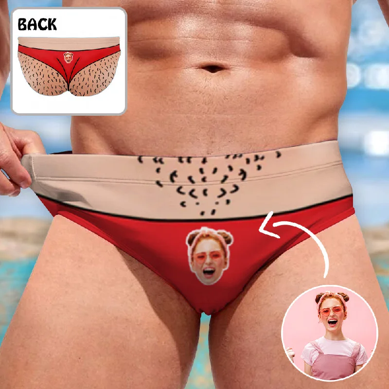 Custom Face Red And Flesh Color Swim Shorts Personalized Naughty Swim Briefs With Face