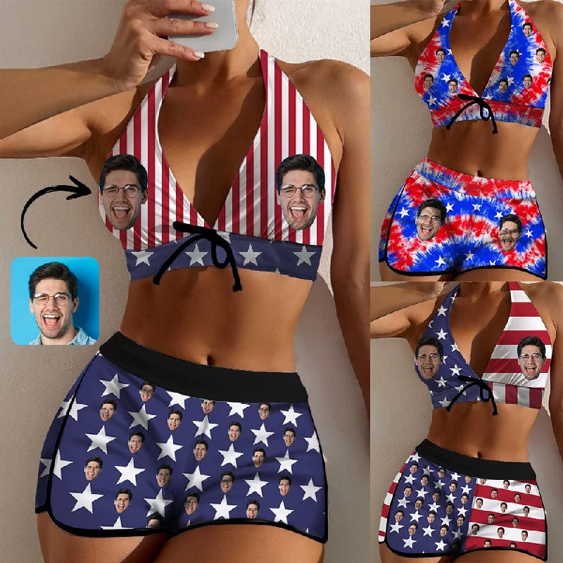 Abstract print bikini set-Custom Face Red&Blue American Flag Boyshorts Bikini Set Personalized Halter V Neck Top Athletic Bathing Suit High Waisted Bikini