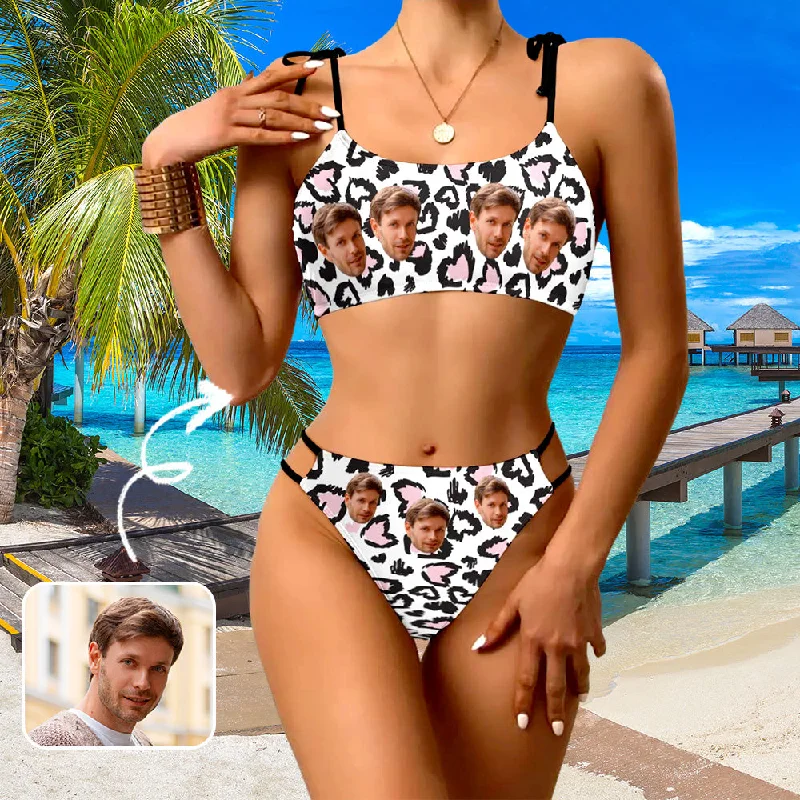 Reversible striped bikini-Custom Face Swimsuit Personalized Black White Leopard Print Face Bikini Swimsuit