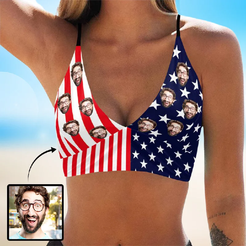 Side-tie dotted bikini-Custom Face USA Flag Bikini Top&Bottom Personalized Face Flag Bikini