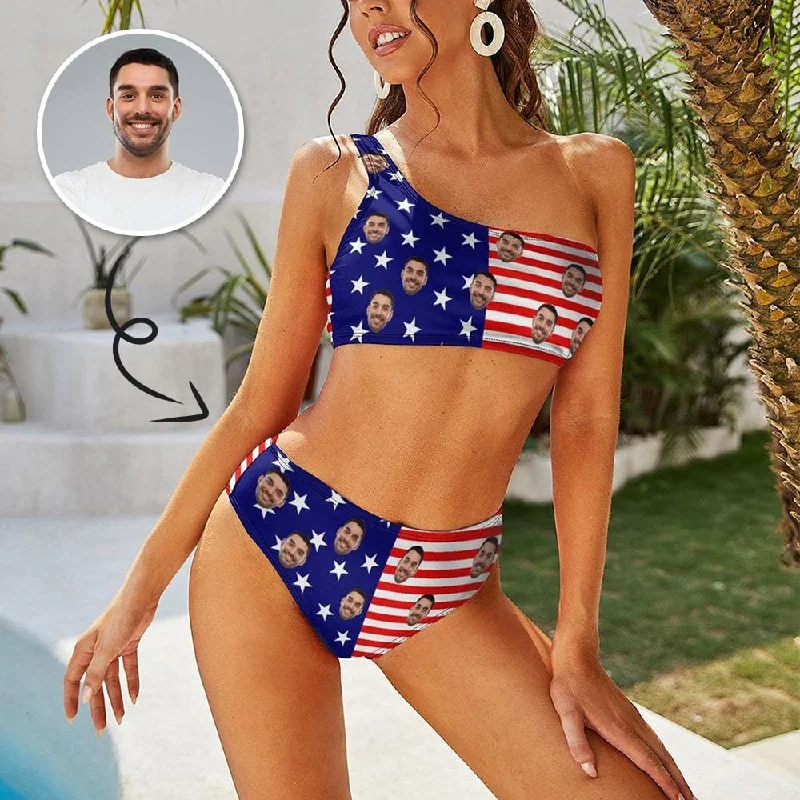 High-leg dotted bikini-Custom Face USA Flag One Shoulder Stringless Low Waited Bikini Personalized Women's Two Piece Swimsuit Beach Outfits