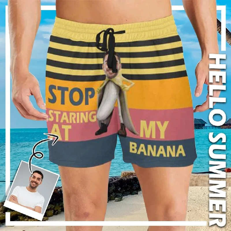 Custom Face Yellow Background Sexy Men's Quick Dry Swim Shorts, Personalized Funny Swim Trunks