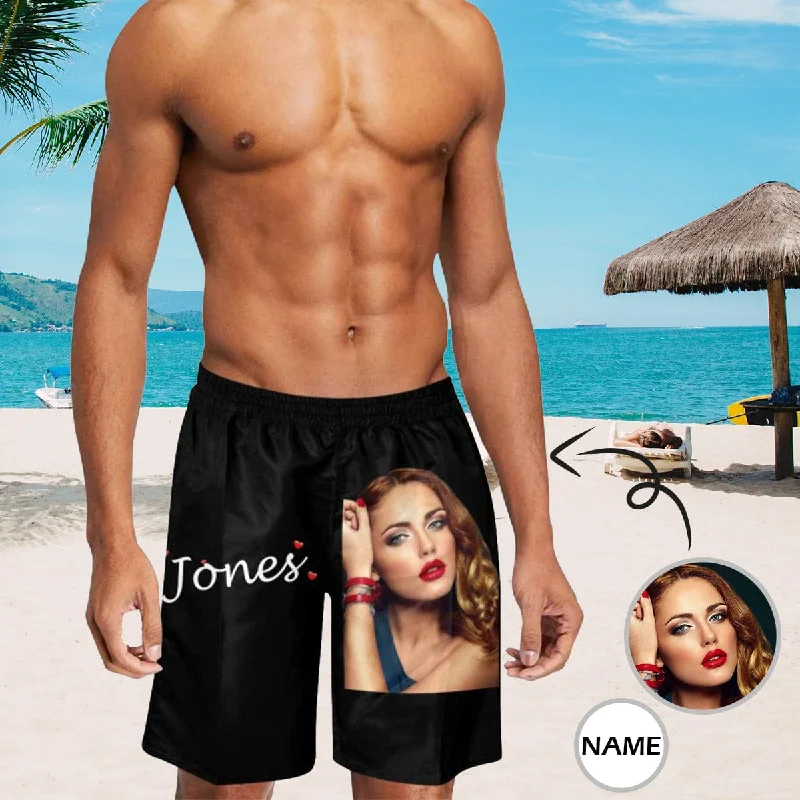 Custom Girlfriend Name & Photo Black Men's Mid Length Swim Trunks Bathing Suit