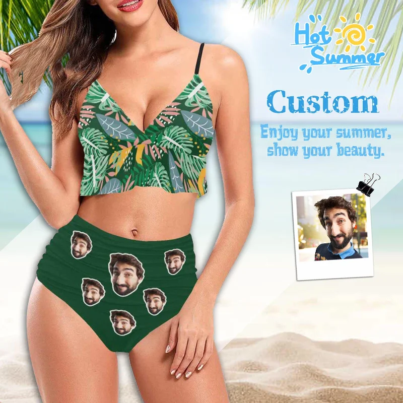 Classic black bikini suit-Custom Green Tropic Ruffle Hem Bikini Swimsuit Personalized Face Women's Swimwear Bikini Swimsuit Beach Travel Boat Cruise Pool Party Outfits