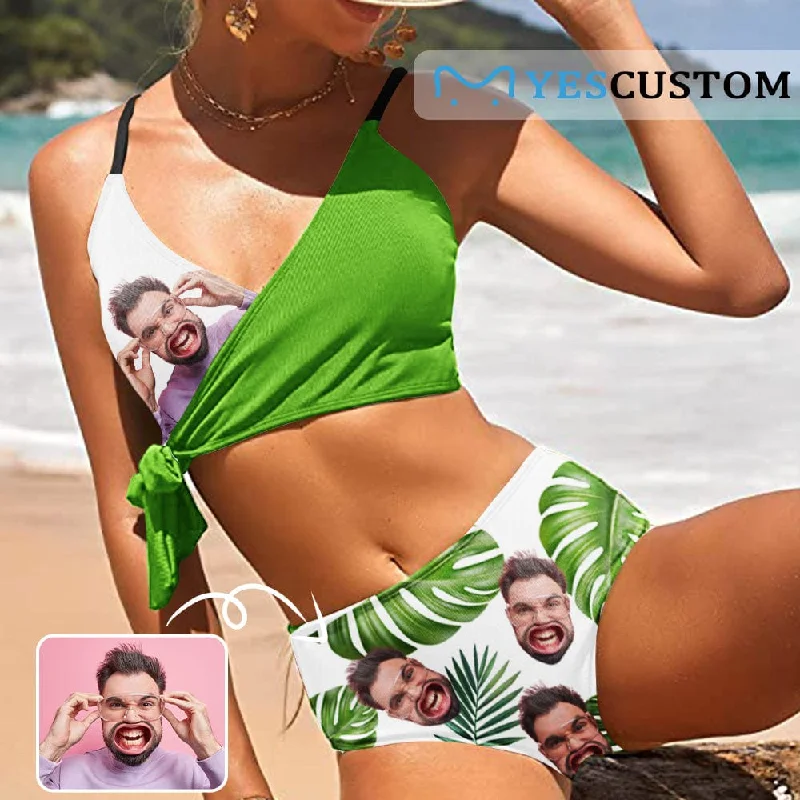 Ruched geometric bikini-Custom Husband Face Green Leaves Knot Side Bikini Swimsuit Women's Two Piece Swimsuit Personalized Bathing Suit Summer Beach Pool Outfits