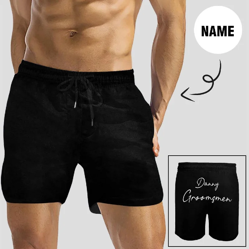 Custom Name Solid Black Background Men's Quick Dry Swim Shorts, Personalized Funny Swim Trunks