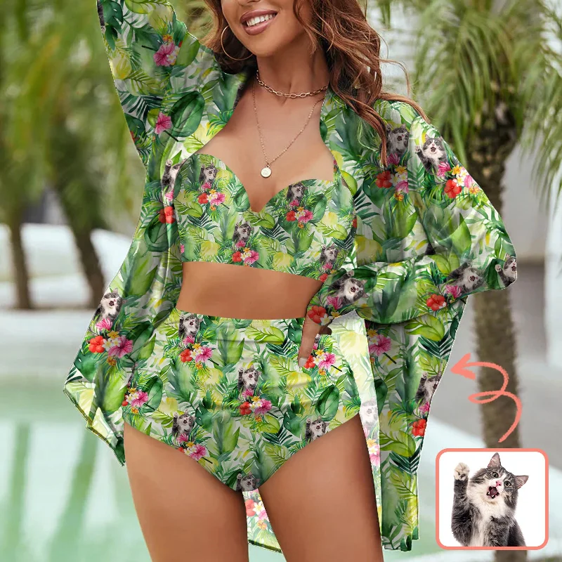 Open-back striped bikini-Custom Photo Bikini Set&Shirt Cover Up Personalized Photo Green Leaves Swimsuit Bikini For Women