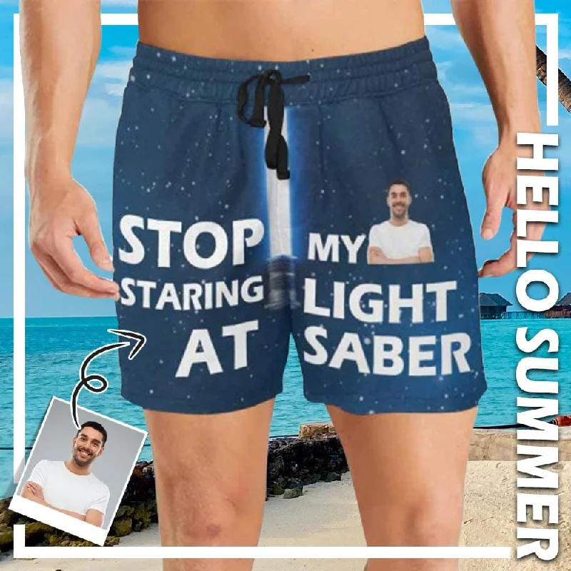 Custom Photo Stop Staring At My Light Saber Men's Quick Dry Swim Shorts, Personalized Funny Swim Trunks