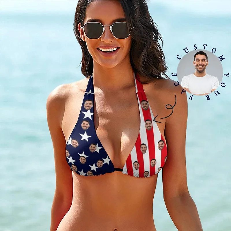 Floral triangle bikini top-Deep V Neck-Custom Face American Flag Star Personalized Bikini Swimsuit Top