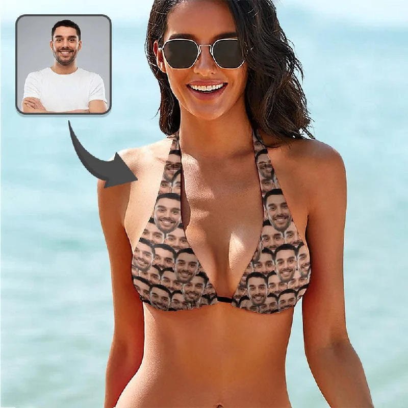 Geometric print bikini-Deep V Neck-Custom Seamless Face Personalized Bikini Swimsuit Top