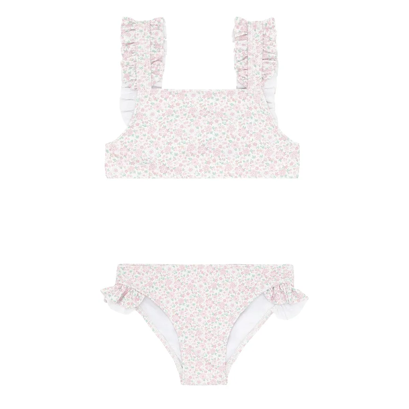 Cut-out bikini bottom-girls antique floral ruffle strap bikini