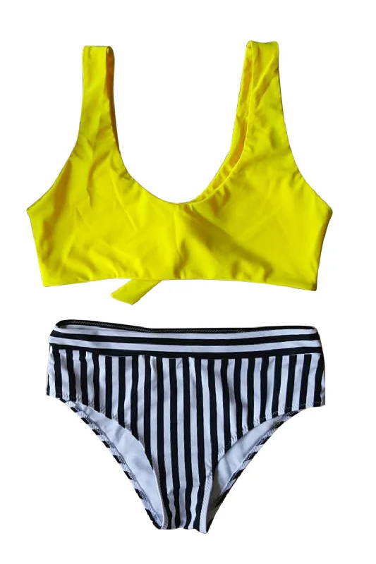 Padded plunge bikini top-Iyasson Breezy Yellow Bikini Top With Stripe Printing Bottom