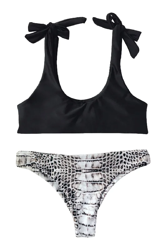 Tie-side bikini bottom-Iyasson Black Bow Top With Snake Pattern Bottom Bikini Set