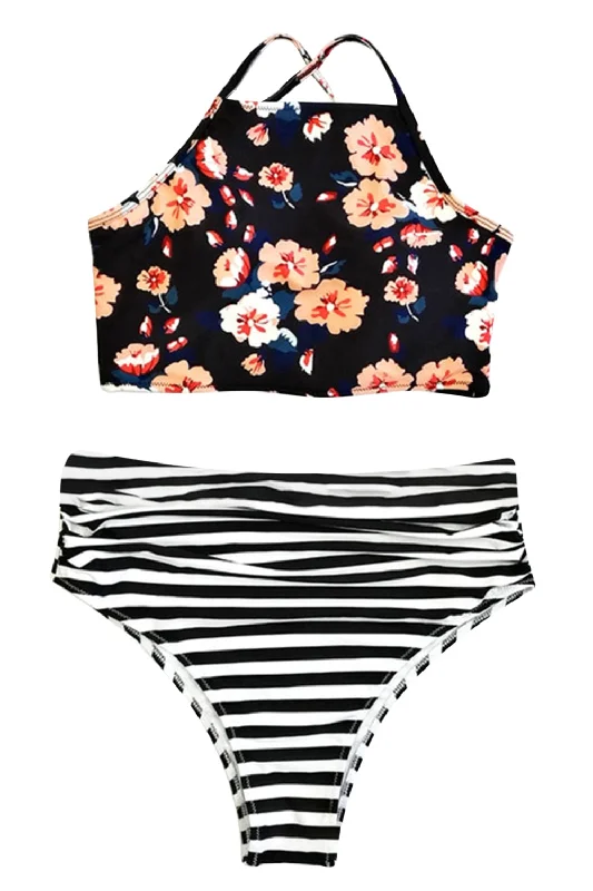 Quick-dry bikini bottom-Iyasson Black Floral Printing Tank Top Bikini Sets