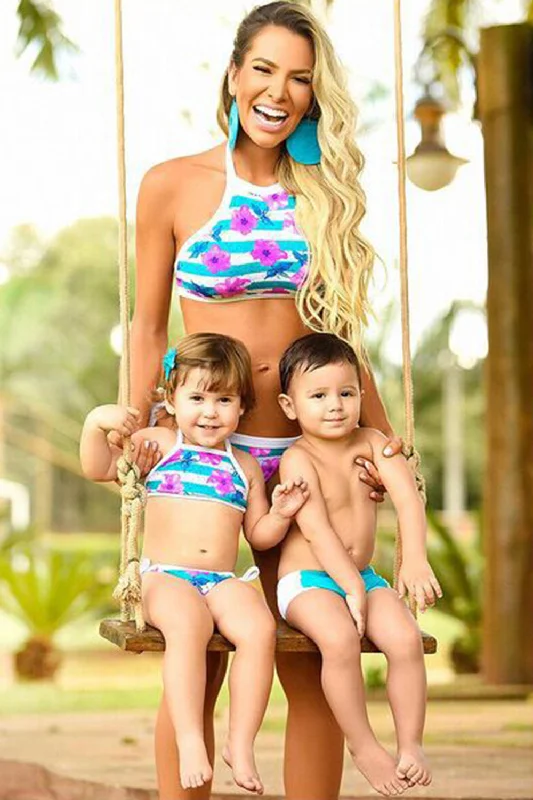 Minimalist black bikini set-Iyasson Flora Printing Tank Top Mom & Kids Bikini Sets