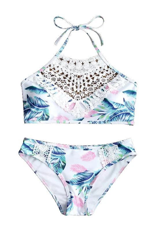 Padded halter bikini-Iyasson Floral Printing With White Lace Tank Top Bikini Set