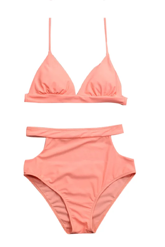 Adjustable strap bikini suit-Iyasson Pink Triangle Bikini Top and High-waisted Bikini Bottom