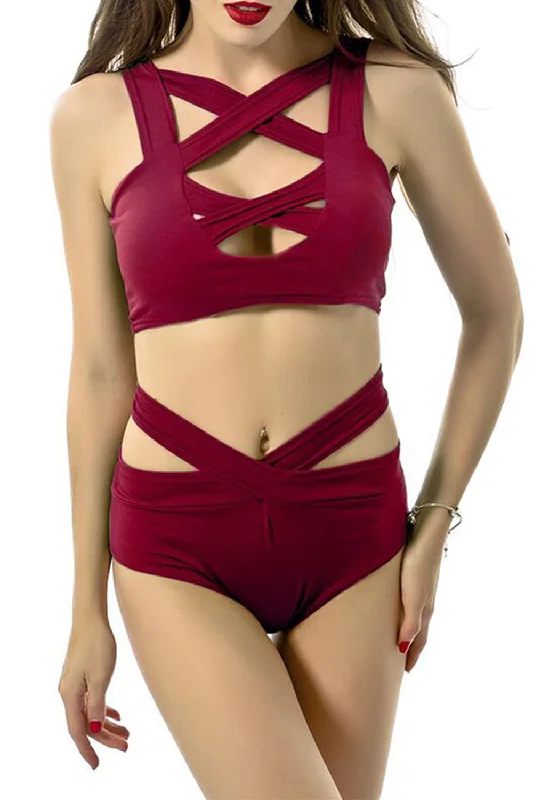 Side-cut bikini bottom-Iyasson Red Cross  Strappy Bikini Top