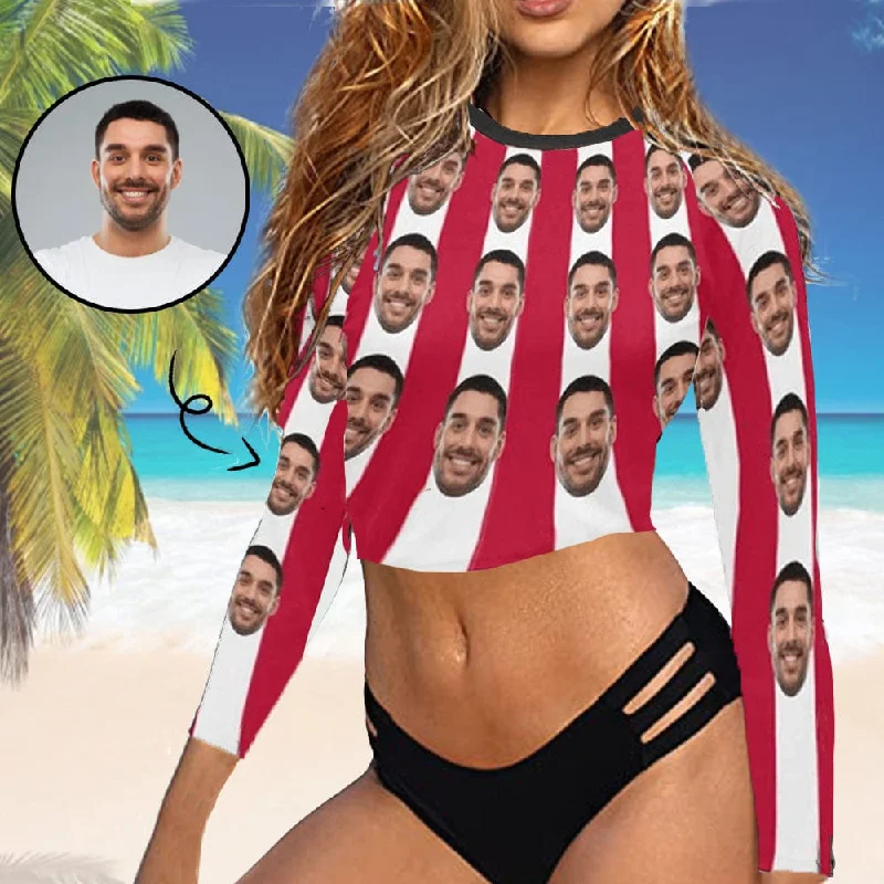 Reversible striped bikini-#Long Sleeve Tankini Bikini Top-Custom Face Red&White Strips Long Sleeve Swimwear Top Beach Surf Sunscreen Fashion Cropped Top